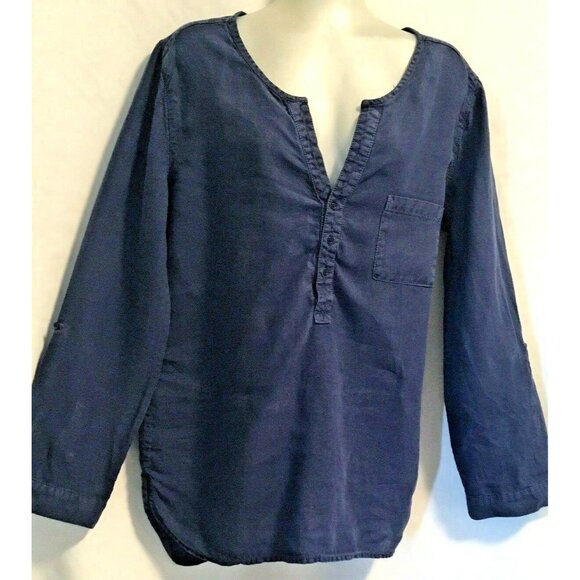 Joie 100% Linen Women Blouse Henley Size L Navy Blue Long Sleeve Rollable Hi-Lo - Picture 2 of 10